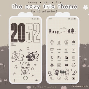 Könnte beinhalten: Ein Handy-Bildschirm zeigt ein 'cozy trio theme' für iOS und Android. Es zeigt ein Design mit Hase, Katze und Fuchs. Der Sperrbildschirm zeigt die Uhrzeit 20:52 und das Datum. Der Startbildschirm zeigt App-Symbole.