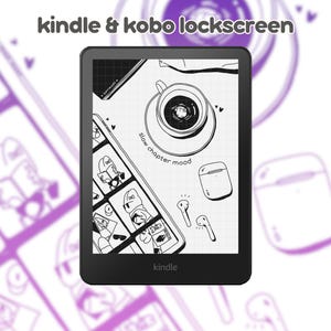 Könnte beinhalten: Schwarzer Kindle E-Reader mit individuellem Sperrbildschirm-Design. Der Bildschirm zeigt eine Schwarz-Weiß-Illustration einer Kaffeetasse, Ohrhörern und anderen Grafiken. Der Text auf dem Bildschirm lautet "slow chapter mood". Der Text "kindle & kobo lockscreen" steht oben.