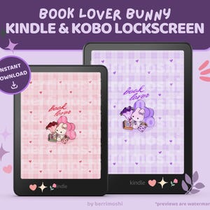 Puede incluir: Diseños de pantalla de bloqueo digital para dispositivos Kindle y Kobo con un conejito con libros y flores. El diseño incluye el texto "Book Lover" y está disponible para descarga instantánea. El fondo es morado claro con corazones.