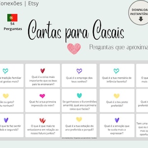 Pode incluir: Um download digital com uma grade de perguntas sobre relacionamentos em português, com um coração rosa. O texto diz "Cartas para Casais" e "Perguntas que aproximam."