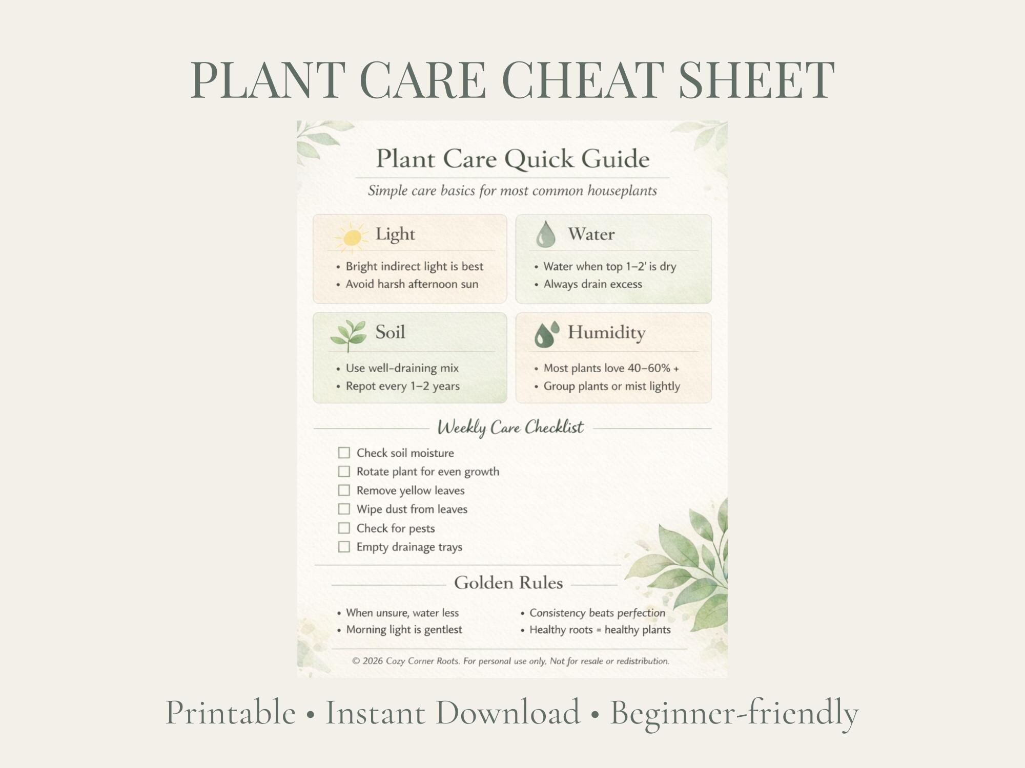 Houseplant Care Guide Printable, Indoor Plant Care Cheat Sheet ...