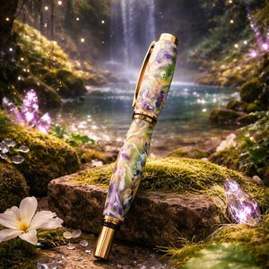 Fairy Spring – handgemaakte harspen | Betoverde tuinwerveling | Gouden hardware | Uniek schrijfinstrument.