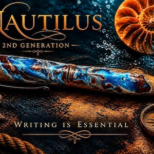 May include: A luxury pen with a marbled blue, brown, and gold barrel, accented with copper-coloured metal. The word "Nautilus" is displayed in gold script above the pen, with the text "2nd Generation" below. The phrase "Writing is Essential" is also visible.