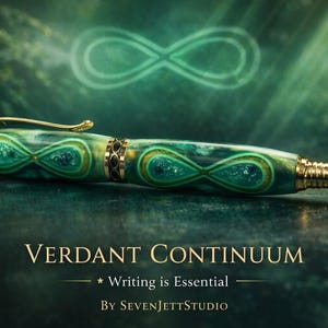 Puede incluir: Un bolígrafo artesanal con un diseño verde y dorado, con un patrón de símbolo de infinito. El bolígrafo tiene detalles dorados y un clip dorado. También se ve el texto "Verdant Continuum" y "Writing is Essential".