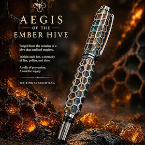 May include: Aegis of the Ember Hive pen. The pen has a honeycomb design with a silver clip and tip. The pen's body features a multi-coloured, hexagonal pattern. The text "WRITING IS ESSENTIAL" is visible.