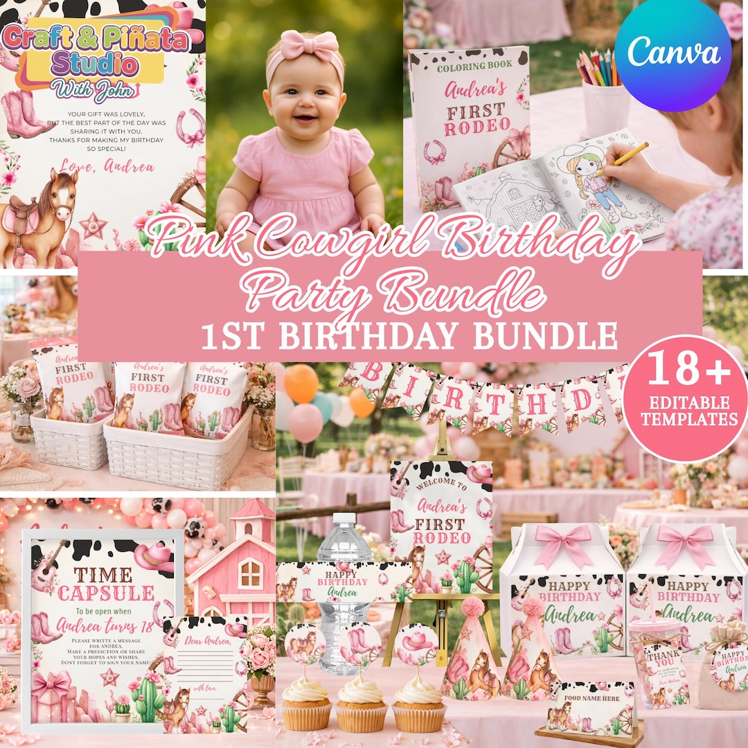Pink Cowgirl First Rodeo Birthday Bundle | Editable Canva Party ...