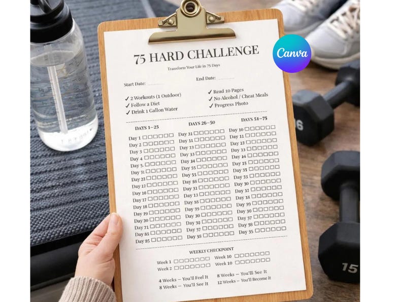 75 Hard Challenge Tracker Printable PDF, 75 Day Habit Tracker, Fitness ...