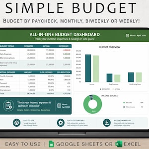 May include: A laptop screen displays a digital budget dashboard with financial data, charts, and graphs. The text "SIMPLE BUDGET" and "ALL-IN-ONE BUDGET DASHBOARD" are visible. The dashboard includes sections for income, expenses, and savings, with the option to track by paycheck, monthly, biweekly, or weekly.
