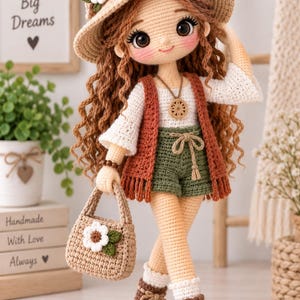 Puede incluir: Una muñeca de ganchillo con largo cabello castaño rizado, sombrero de sol beige con flores, blusa blanca, chaleco color óxido con flecos, pantalones cortos verde oliva y botas marrones. La muñeca lleva un pequeño bolso de ganchillo beige con flores.