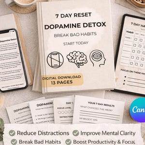 Dopamine Detox Workbook | 7-Day Digital Detox Planner, Screen Time & Focus Tracker, Break Bad Habits, Overstimulation Reset PDF Download