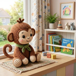 Op de afbeelding: Een bruin en beige gehaakte apenknuffel met een groene sjaal, grote zwarte ogen en een gekrulde staart. De aap zit op een klein, rechthoekig, gehaakt matje met franjes. Het speelgoed heeft een lichtbeige gezicht, oren, handen en voeten.