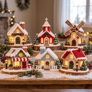 May include: A collection of six illuminated crochet miniature buildings arranged on a snowy surface. The set includes houses, a church, and a windmill, all featuring textured yarn details, white snow-like roofs, and warm interior lighting.
