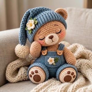 Puede incluir: Un oso de peluche tejido a ganchillo con hilo marrón claro, que lleva un gorro de dormir azul con un pompón blanco y una flor blanca aplicada. El oso viste un peto azul con dos botones pequeños en forma de oso y una flor en el bolsillo.