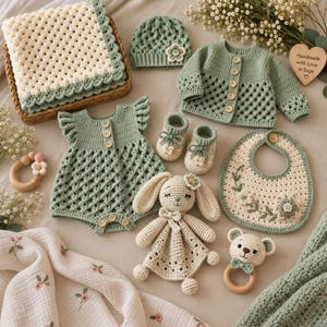 May include: A set of sage green and cream crochet baby items including a blanket, hat, cardigan with wooden buttons, romper, booties, bib with floral embroidery, a bunny lovey, and two wooden rattles, one with a bear face and one with a flower.