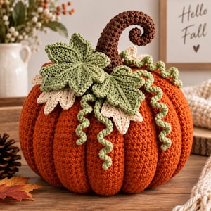 May include: A crocheted pumpkin in a vibrant orange hue, featuring a dark brown curly stem, light green textured leaves, and thin, winding green tendrils. The pumpkin has a ribbed, rounded shape and is crafted with a consistent yarn stitch.