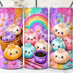 May include: A cylindrical tumbler featuring a vibrant, glittery rainbow background with dripping paint effects. The design displays multiple cute, smiling dumpling characters in various pastel colors, a bamboo steamer basket, a small bowl of sauce, and chopsticks.