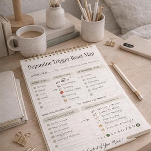 May include: A spiral-bound notepad with the title "Dopamine Trigger Reset Map" sits on a wooden table. The notepad features sections for tracking feelings and setting intentions. A cup of coffee, pens, and a small vase with dried flowers are also on the table.