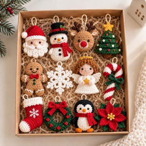 May include: A set of twelve crocheted Christmas ornaments in a cardboard box, including a Santa Claus, snowman, reindeer, Christmas tree, gingerbread person, snowflake, angel, candy cane, stocking, wreath, penguin, and a red poinsettia flower.