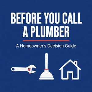 May include: A blue informational guide cover with white text reading BEFORE YOU CALL A PLUMBER and A Homeowner's Decision Guide. Below the text are white line art icons of an adjustable wrench, a plunger, and a house outline on a blue background.