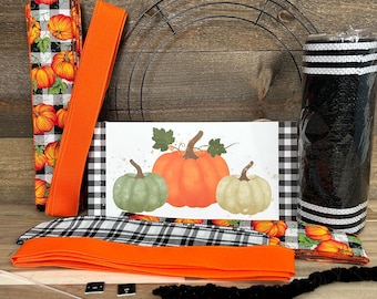 Fall DIY Thin Wreath Kit, (A) Pumpkin Porch Decor, Front Door Wreath Kit, Orange and Black Buffalo Check, Door Hanger, Thanksgiving Wreath
