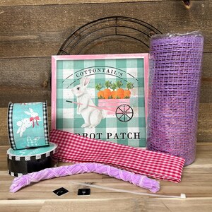 Easter Thin Wreath Kit (D), Cotton Tail's Carrot Patch, DIY, Pink and Teal Design, Front Door Front Porch Decor, Wall Decoration, 10x10 sign