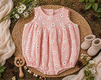 Pink Daisy Muslin Bubble Romper | Baby Girl Floral Newborn Outfit