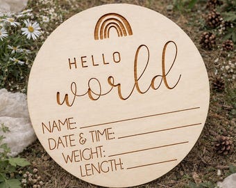 Hello World Birth Announcement Sign | Wooden Baby Name Disc