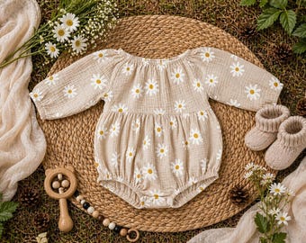 Neutral Daisy Muslin Baby Romper | Long Sleeve Cottagecore Outfit