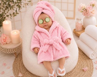 Newborn Spa Photo Prop Set | Pink Robe, Hooded Towel, Slippers, Cucumber Props
