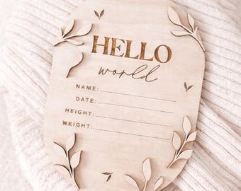 Hello World Birth Announcement Sign | Wooden Baby Name Disc