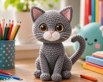 Gehaakte kattenknuffel, handgemaakte amigurumi kittenpop, schattig knuffeldier cadeau voor kinderkamer en kinderkamerinrichting
