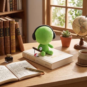 May include: A bright green plush character with a round head and black headphones sits on a white book. The character holds a small brown fishing rod with a red and white bobber. The scene includes a notebook, ink bottle, and globe.