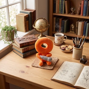 May include: A bright orange plush character with a circular head and small arms holding a gray cylindrical object, sitting on a square woven tan coaster. The plush figure is positioned on a wooden desk surface alongside books, a globe, and pens.