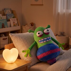 May include: A green plush alien toy with large white eyes, a wide mouth with blue and white teeth, and a blue lower body featuring a red striped pattern. The toy has thin arms with three-fingered hands and small antennae on its rounded head.