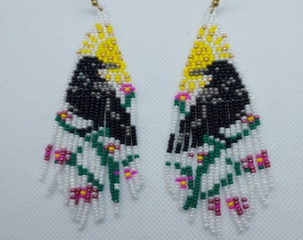 Sunshine Raven and Cherry Blossom Beaded Fringe Beadwork Earrings