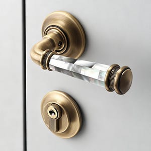 Può includere: Set di maniglia per porta in ottone antico con maniglia in madreperla. Il set include una copertura rotonda per la serratura e una maniglia curva. L'hardware è montato su una porta grigio chiaro.