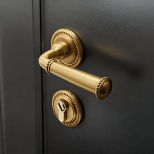 May include: A gold-coloured door handle and lock set against a dark grey door. The handle is a lever style with a rounded design, and the lock has a keyhole. Both pieces have a beaded border.