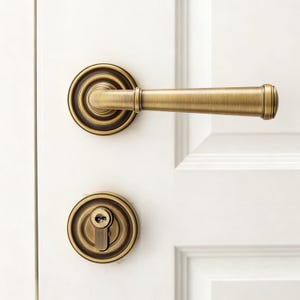 Peut inclure: Gros plan d'une poignée de porte et d'une serrure en bronze sur une porte blanche. La poignée est de type levier avec une prise texturée, et la serrure a un trou de serrure. Le matériel a une esthétique vintage.