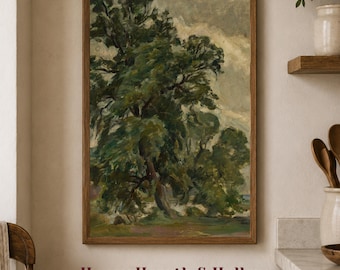 May include: A rectangular framed wall art print featuring an oil painting of a large, leafy tree with dark green foliage against a cloudy, muted sky. The artwork is enclosed in a simple brown wooden frame, displaying a landscape scene.