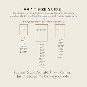 May include: A print size guide chart with black text on a light background. It lists ratios 4:5, 2:3, and 3:4 with corresponding imperial dimensions in inches. The text includes instructions for receiving high-quality PDF files via Google Drive.