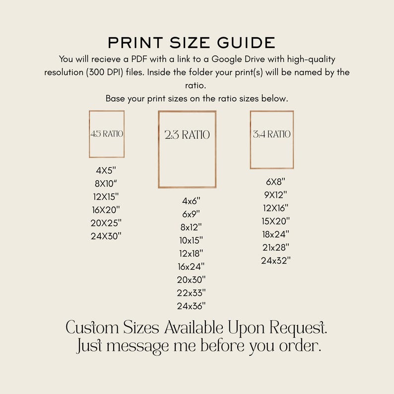 May include: A print size guide chart with black text on a light background. It lists ratios 4:5, 2:3, and 3:4 with corresponding imperial dimensions in inches. The text includes instructions for receiving high-quality PDF files via Google Drive.