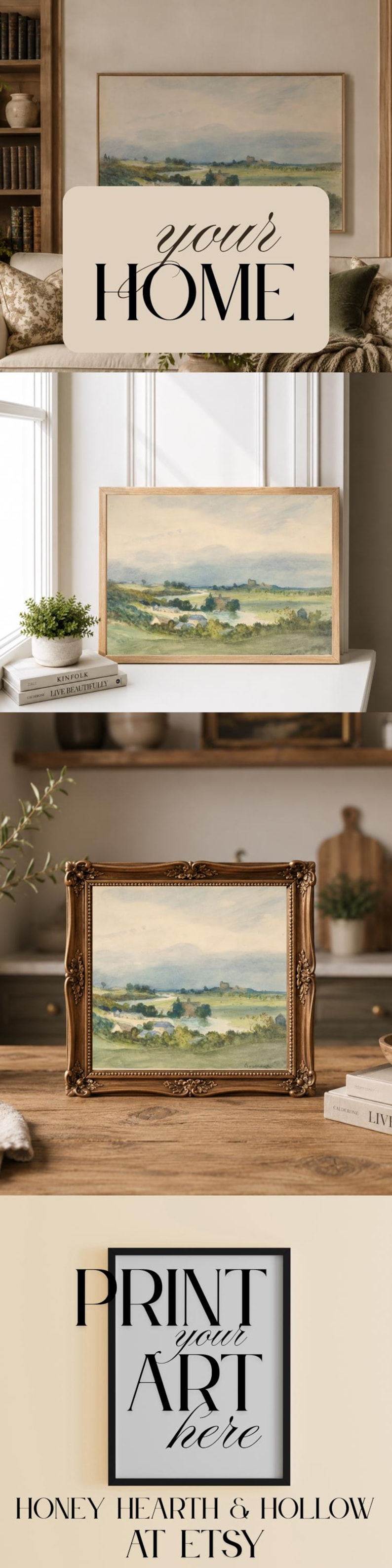 May include: A landscape painting in a gold ornate frame featuring a green valley, rolling hills, and a distant castle under a soft sky. The artwork depicts a serene countryside scene with muted tones of blue, green, and beige, presented in a classic style.