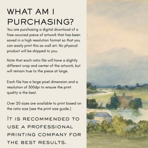 May include: A digital download information graphic with the text WHAT AM I PURCHASING? followed by details about high-resolution artwork files. Beside the text is a watercolor landscape painting featuring a river, green trees, and buildings.