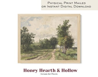 May include: A framed landscape painting print featuring a dirt path winding through green trees and fields under a cloudy sky. The text reads Physical Print Mailed or Instant Digital Download and Honey Hearth & Hollow Vintage Art Prints.