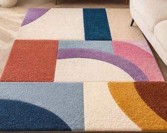 Mid Century Modern Teppich 200x300, Boho Teppich mit geometrischen Mustern, Kelimteppich, Bohemian Design, Bohemian Wohnzimmer Dekor