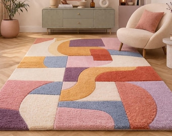 Boho Teppich 8x10 Bunter Geometrischer Pastellteppich, Moderner Abstrakter Wohnzimmerteppich, Vintage Style Marokkanischer Türkischer Waschbarer Teppich 6x9 5x7