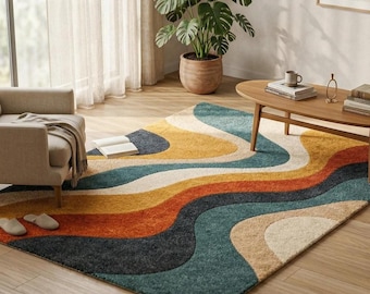 Abstrakter moderner Bereich Teppich 8x10 6x9 neutraler Erdton-Teppich, gewellter Musterteppich der Mitte des Jahrhunderts, zeitgenössisches Wohnzimmer-Dekor
