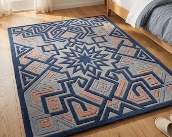 Geometrischer Wollteppich 15x7 8x10 9x12, Handgefertigter Teppich, Moderner Abstrakter Boho Teppich, Blauer Neutraler Wohnzimmer Schlafzimmer Teppich
