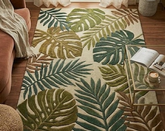 Botanischer Blatt Teppich 8x10 6x9 Tropischer Grüner Teppich, Moderner Boho Natur Inspirierter Teppich, Dschungel Blatt Wohnzimmer Dekor