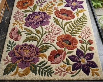 Floral Wollteppich 15x7 8x10 9x12, Handgefertigter Botanischer Teppich, Boho Teppich im Vintage-Stil, Großer Wohnzimmer Schlafzimmer Weicher Teppich